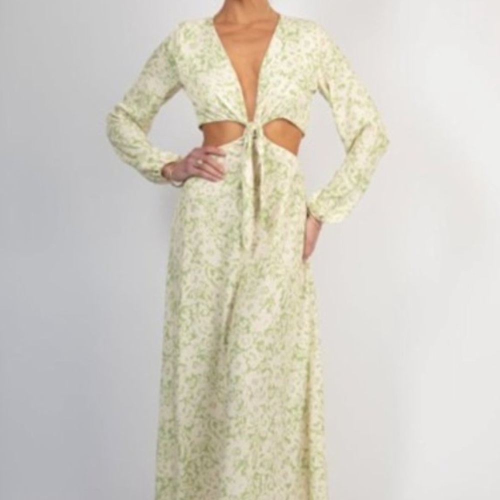 RESA Light Green Floral Maxi Dress with Front Tie